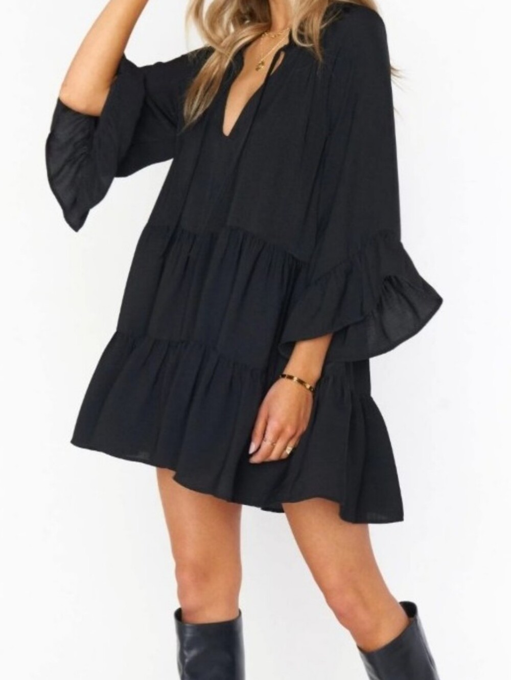 Show Me Your Mumu Viola Black Ruffle Tiered Mini Dress XS SMALL